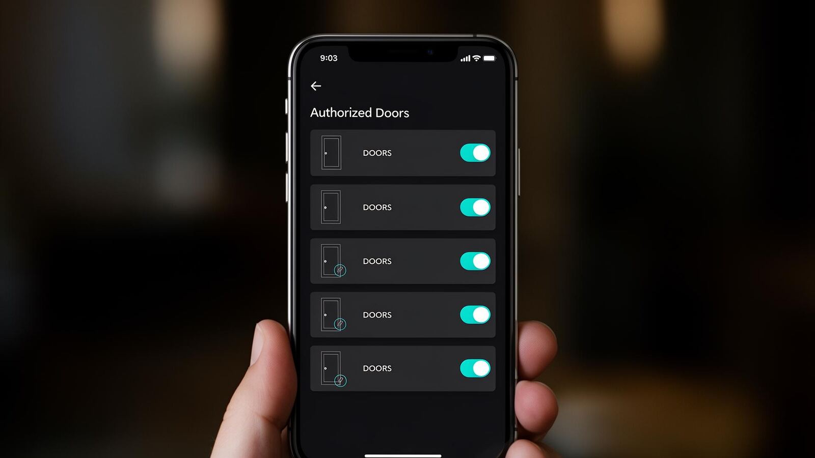 Phone screen showing the list of authorised access doors for biometric activation