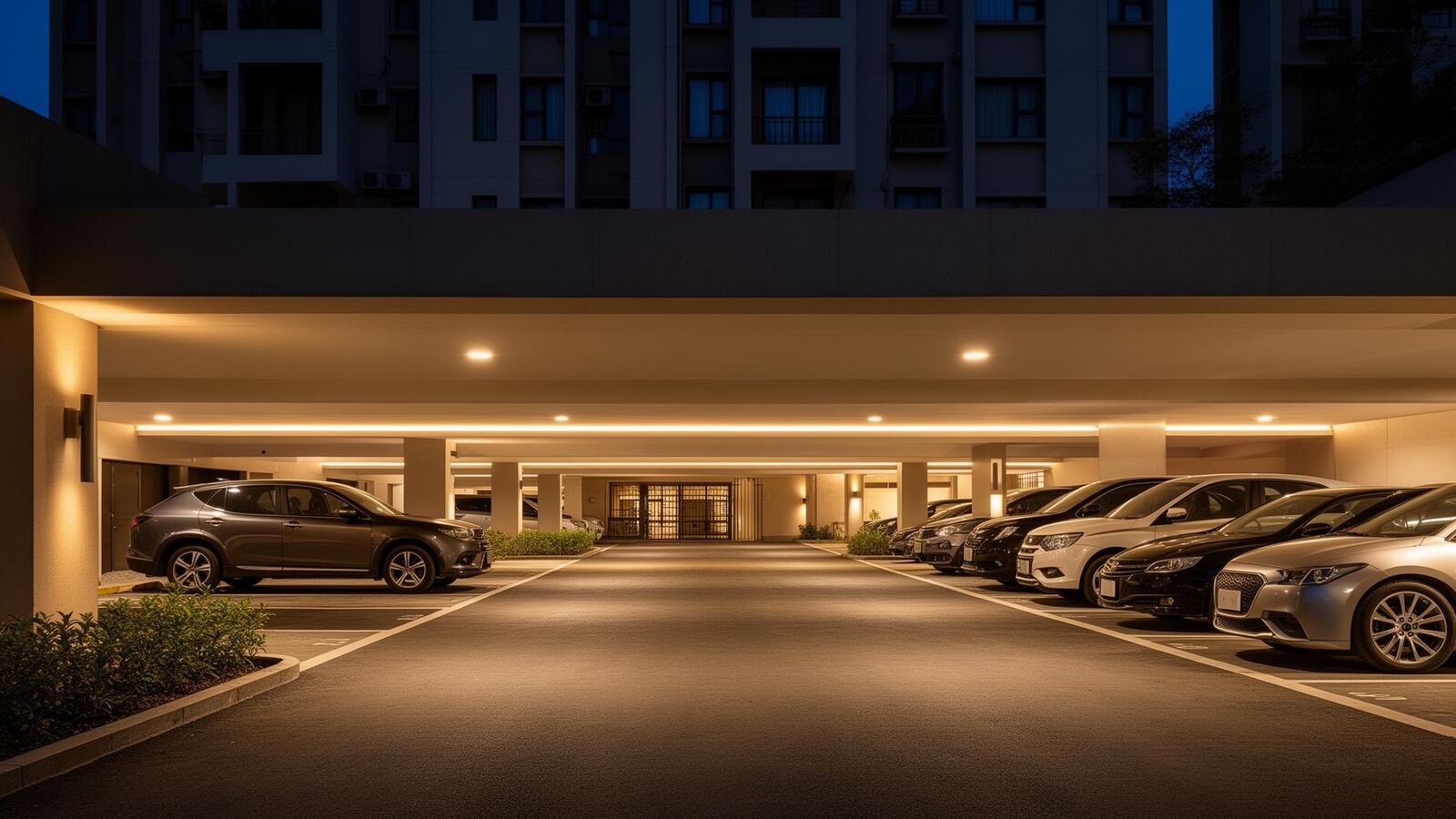 Premium residential basement parking area at night with warm lighting and a secure atmosphere