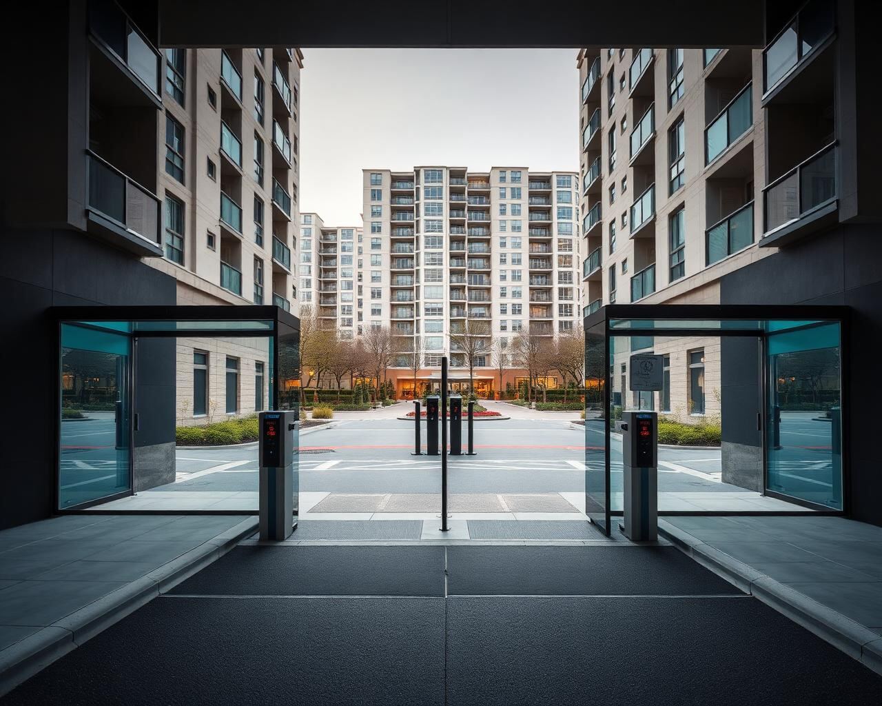Sleek pedestrian flap gates at a premium residential community entrance
