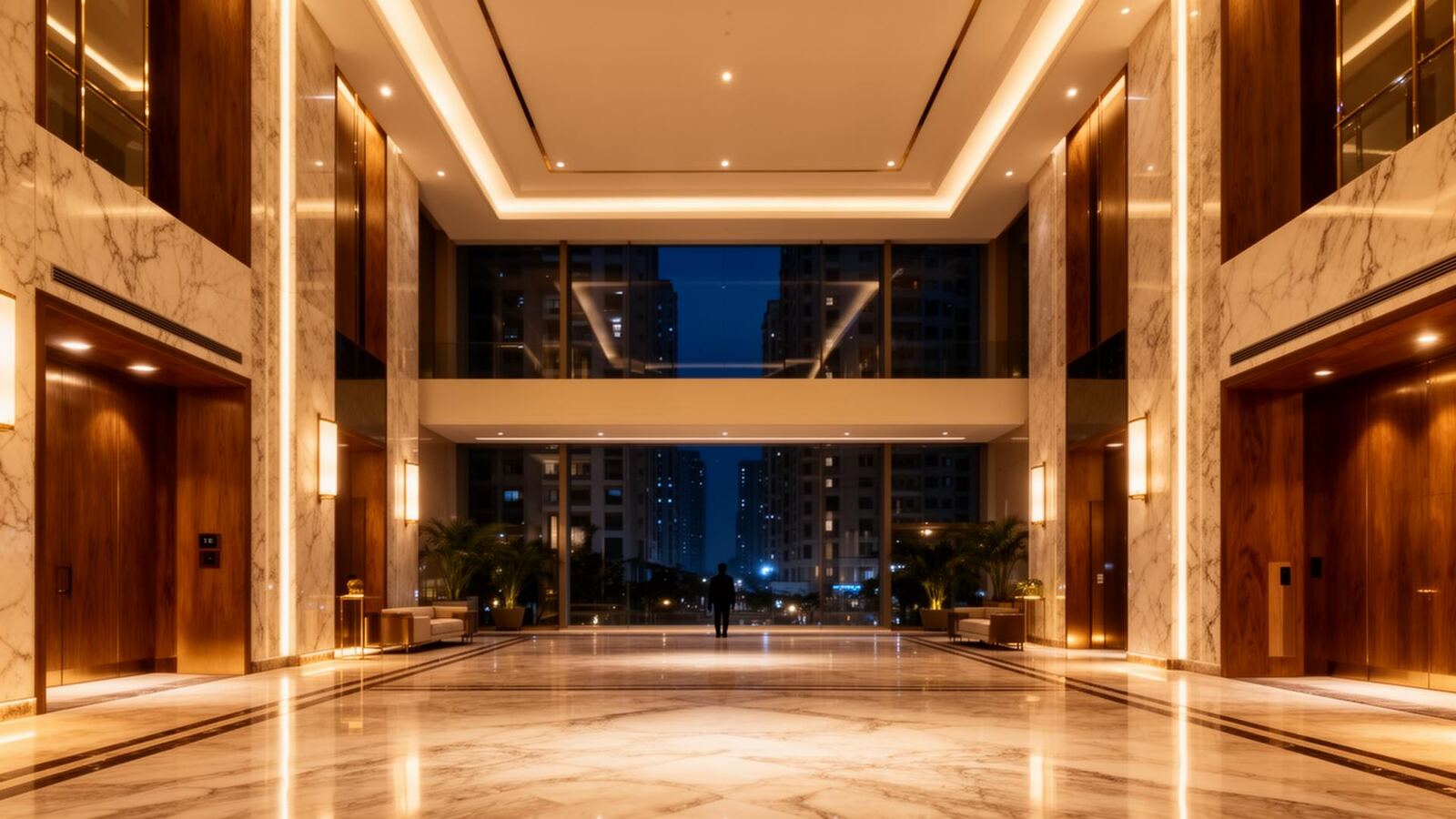 Beautifully lit premium residential tower lobby at night