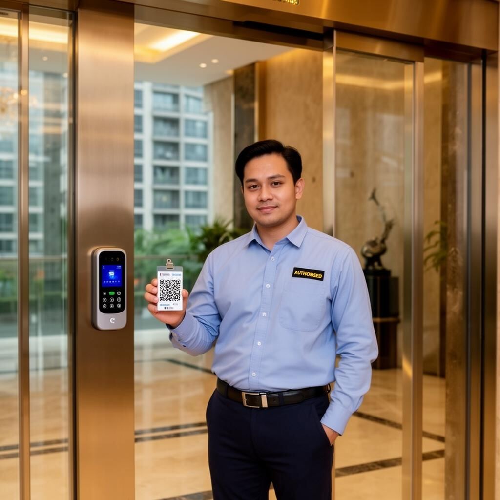 Authorised staff member using ID card access at a residential tower lobby