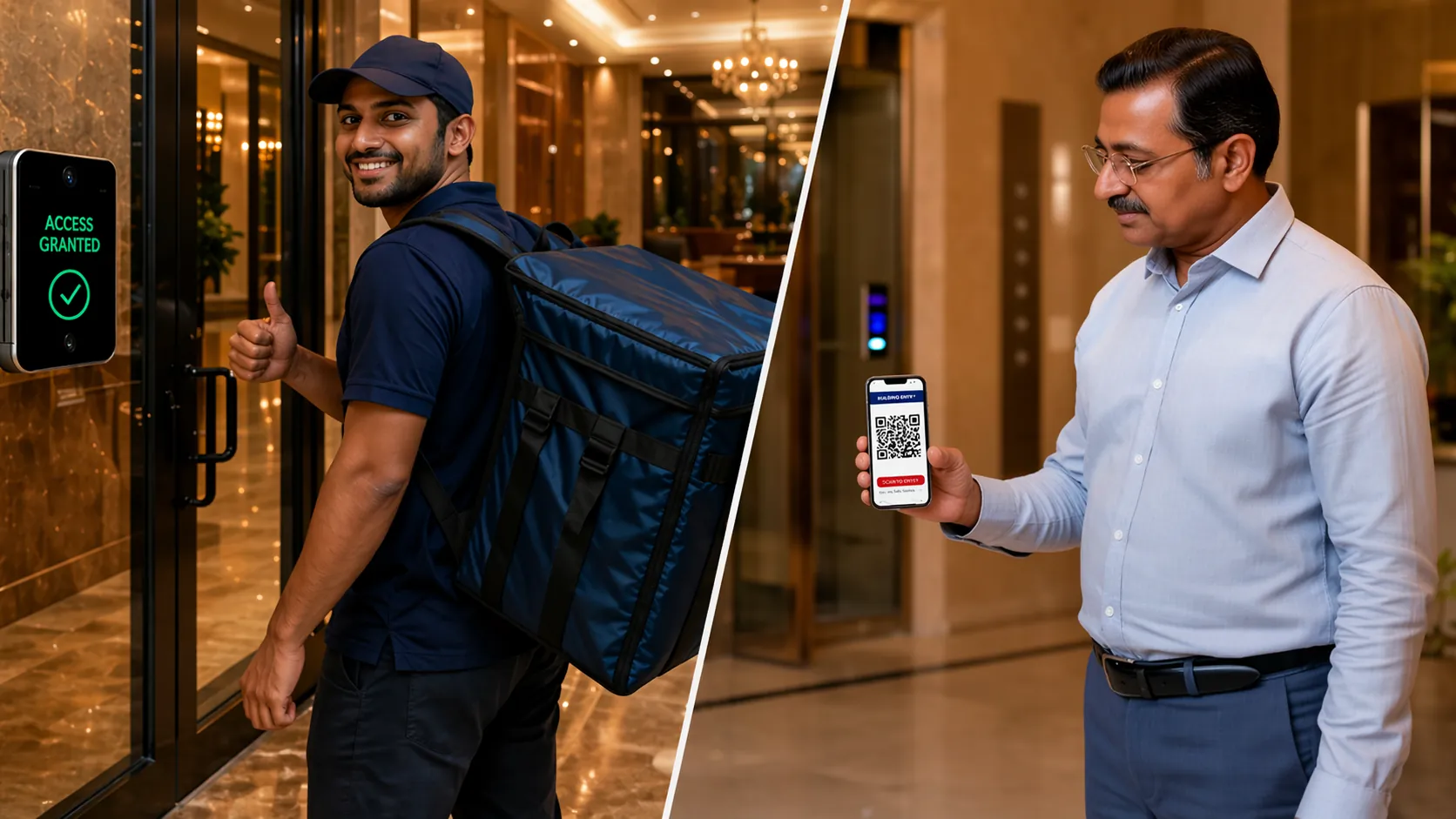 Pre-approved visitor using phone-based QR access in a tower lobby