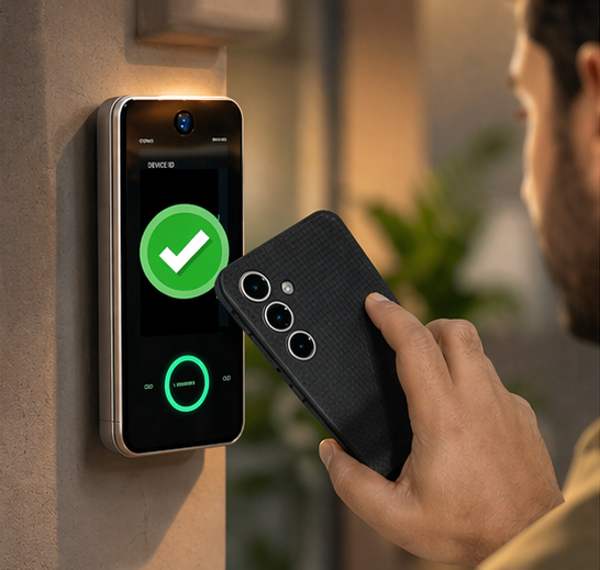 Resident using the ADDA app on a phone at a community access device