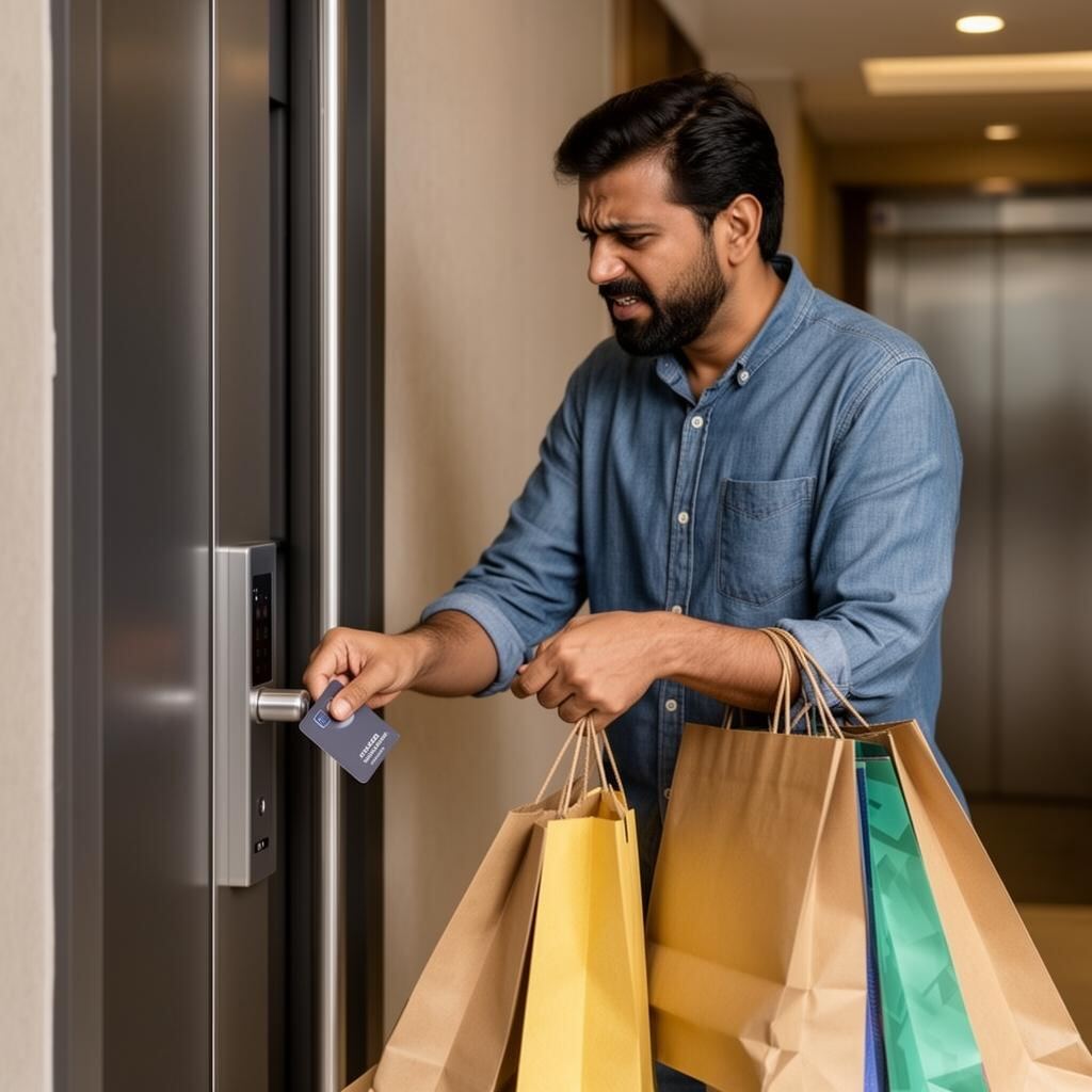 Resident struggling with an access card while carrying shopping bags