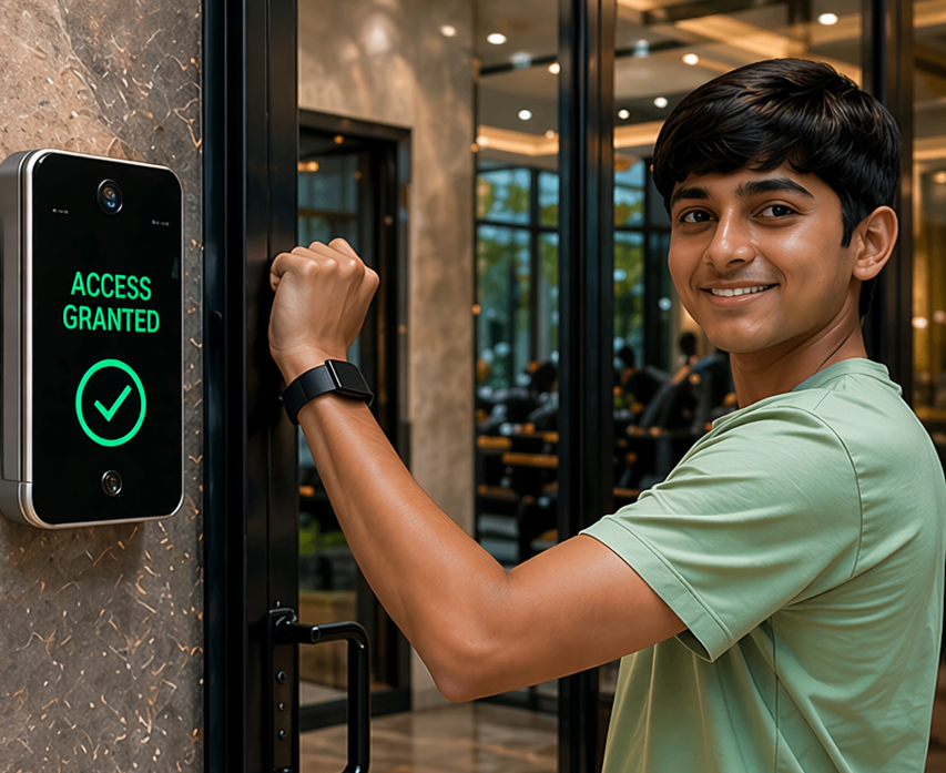 Child using an RFID wristband at a residential community access device
