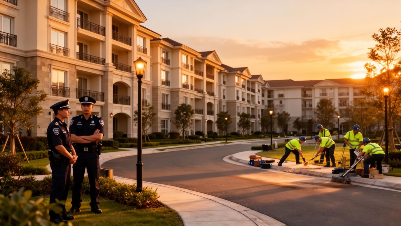 Well-run residential community with security staff and maintenance crew working professionally