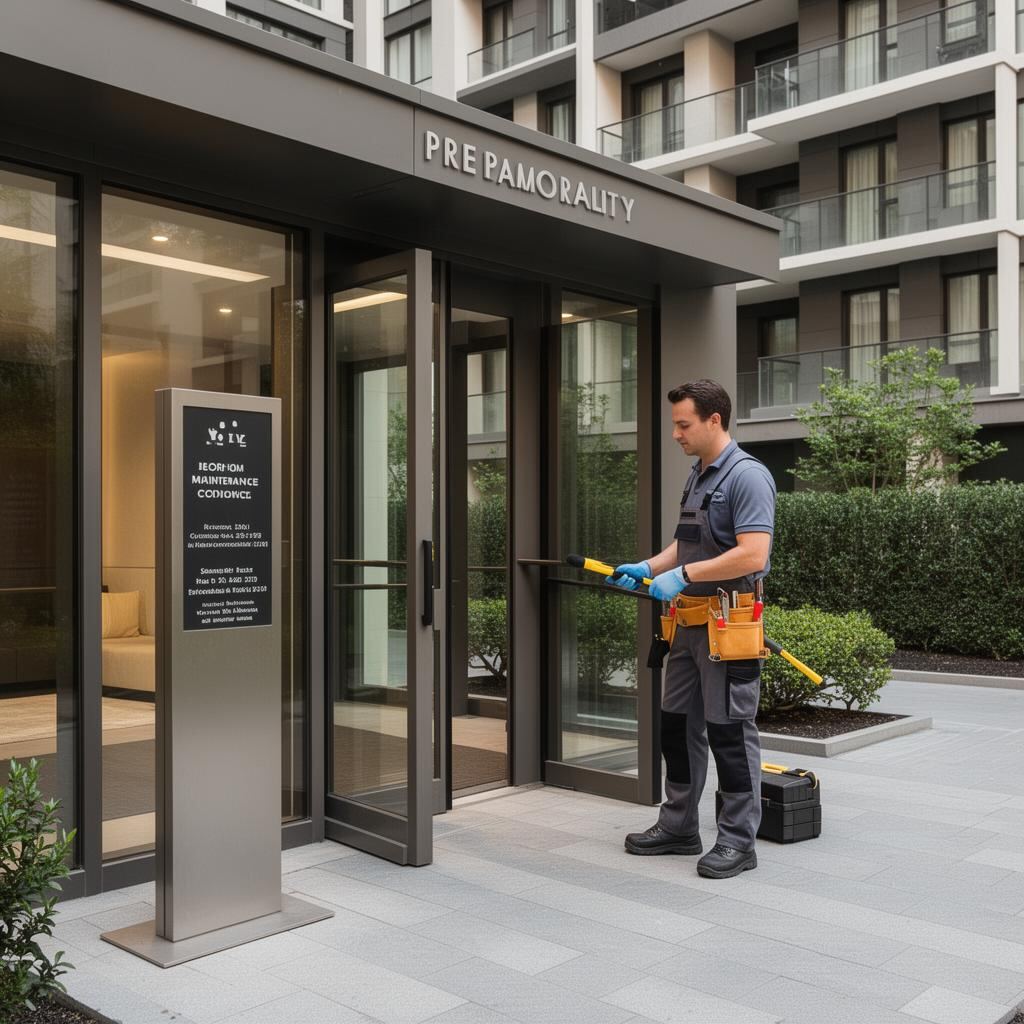Community maintenance staff member at a modern residential community entrance