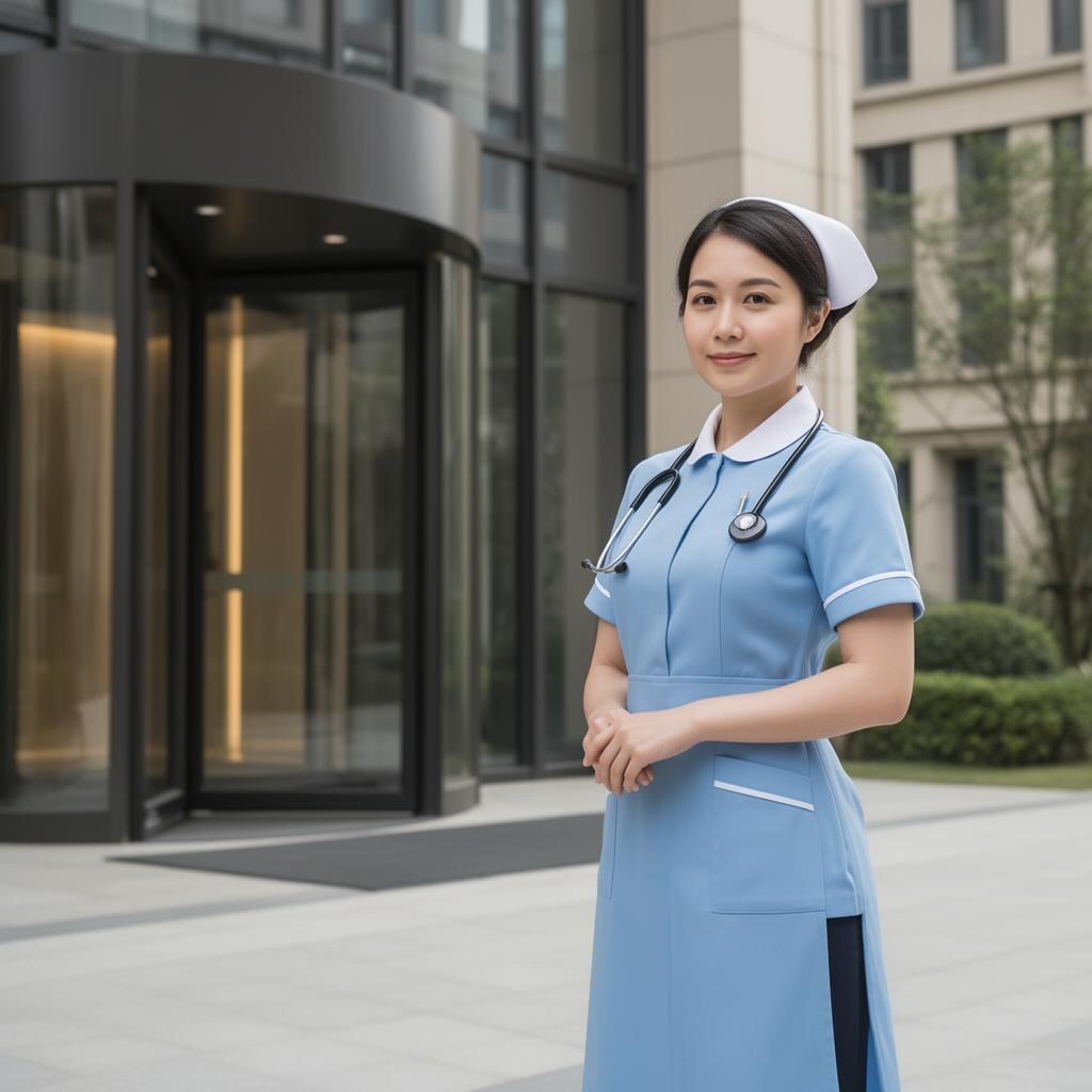 Domestic helper standing professionally near a premium residential entrance